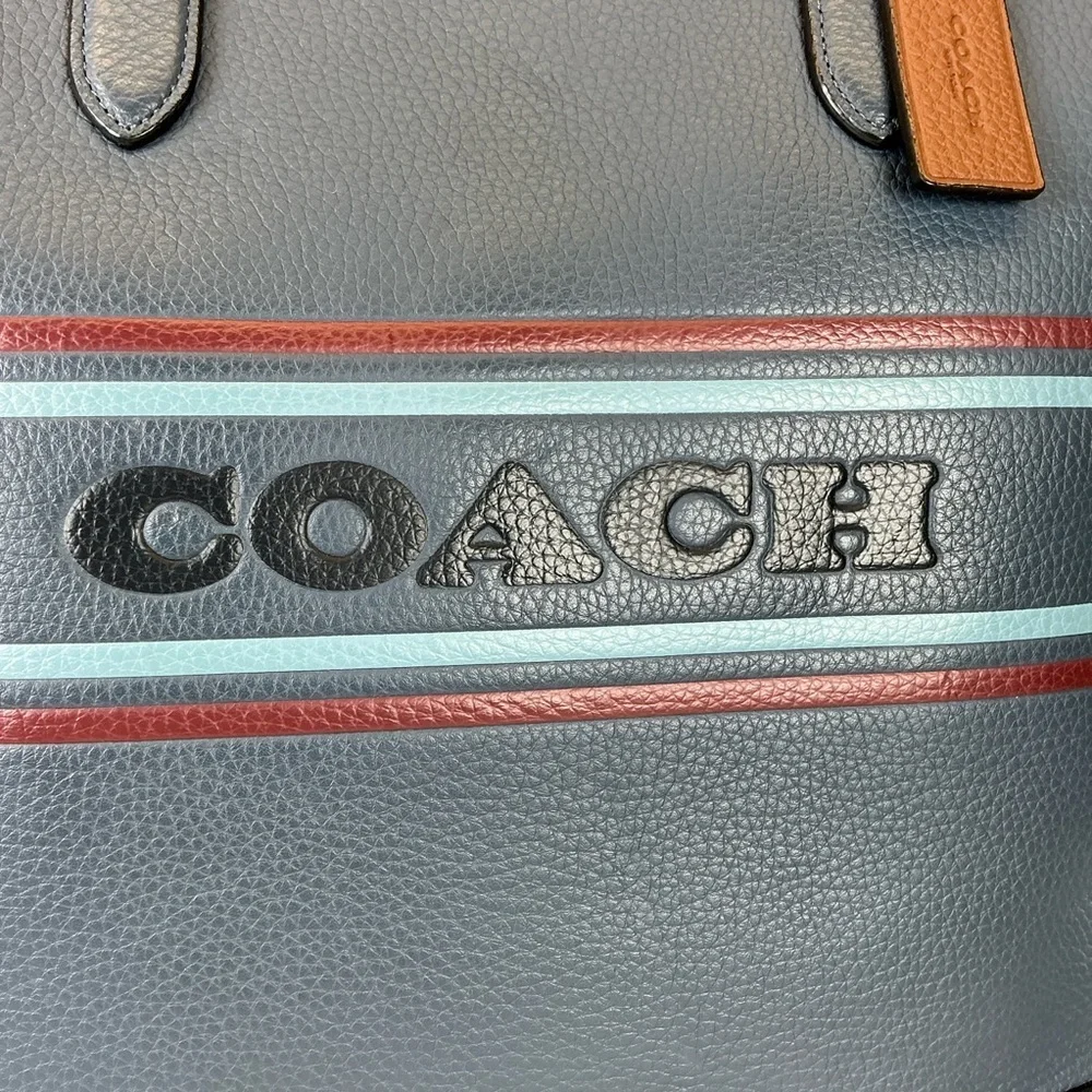 Coach Unisex Graham Stripe Blue‎ Leather Large Tote Shoulder Bag Work Laptop